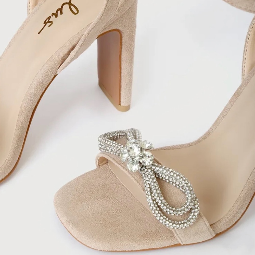 LULUS Lonally Light Nude Suede Rhinestone High Heel Sandals NWOB - Picture 4 of 10